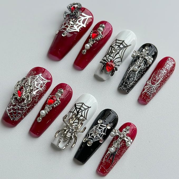 Luxury Halloween Press on Nails Medium Coffin Handmade 3D Unique Reusable ABS Material Fake Nails Gothic False Nails with Designs Spider Charms Spider Web Glossy Glue on Nail Thick Acrylic Nail(S)