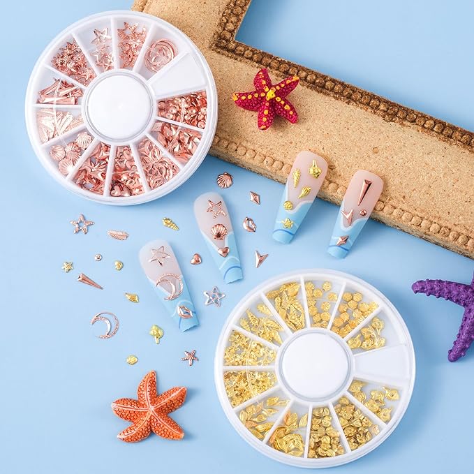 2 Disc Ocean Nail Art Charms, 3D Alloy Nail Art Decals, Beach Starfish Seashell Handmade Supplies for Women DIY Craft Jewelry Manicure Embellishments- Gold & Rose Gold
