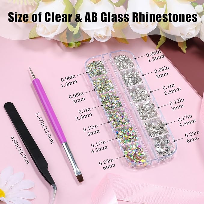 2500Pcs Clear AB Rhinestones for Bedazzling Kit, 1.5/2/2.5/3/4.5/6mm Mix Sizes Bedazzling Resin Gems Flatback Crystal Rhinestones with Pickup Tools for Manicure Crafts DIY (5-K1-glass-rhinestones)