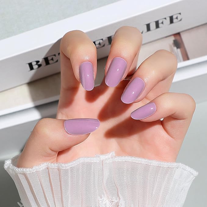 Luxbon Rounded Press On Nails with No-Cure Nail Glue and Tool Kit – Short Soft Gel Tips 25-30pcs Full Size Set, Reusable Fake Nails for Women, Fit Perfectly & Natural Salon Look at Home, Purple