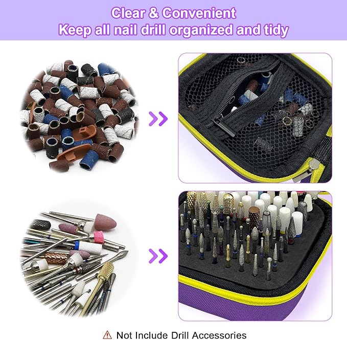 81 Holes Nail Drill Bit Holder, Nail Bits Display Container, Dustproof Portable Organizer Storage Bag, Efile Nail Bits Professional Manicure Tools, for Manicure Tools (ONLY CASE) (Purple+Yellow)