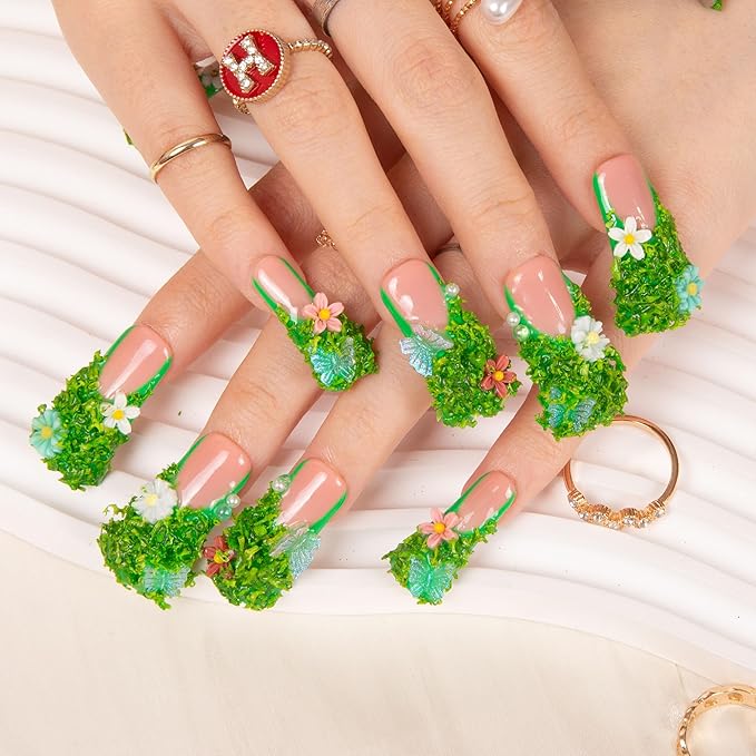 LOVFUL Press on Nails Fairy Tale Garden | Handmade with Full Covered Crystals | Reusable Full Cover Nails | Duck Classic Regular 1.3 in | H151-S