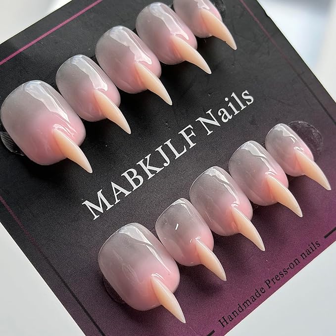 Halloween Press on Nails Luxury Short Stiletto Handmade Cat Claw Unique Reusable ABS Material Pink Fake Nails Eagle Claw False Nails Gradient Glossy Glue on Nail Curved Thick Acrylic Nail(S)