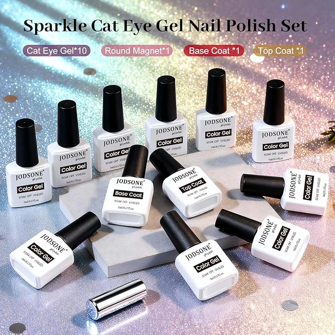 JODSONE Cat Eye Gel Nail Polish Set 10 Colors Red Purple Silver with Magnetic Base Coat Top Coat Magnetic Effect Sparkle Stunning Soak Off U V Manicure Gifts