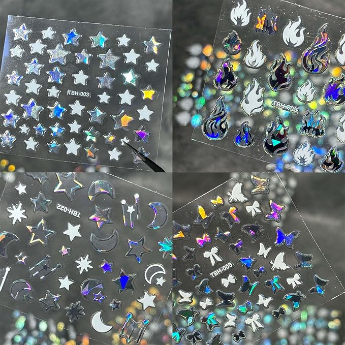 3000Pcs 60 Sheets Silver Nail Art Stickers Silver Aurora Nail Stickers Decals 3D Self-Adhesive Star Flower Nail Decals for Women Girls Salon Home DIY Manicure Nail with Tweezers Included…