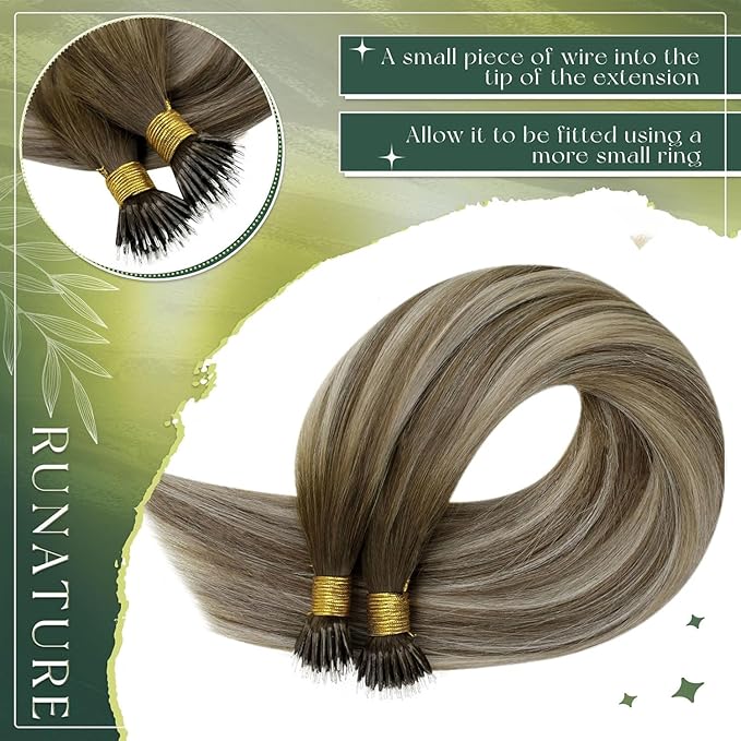 RUNATURE Nano Ring Hair Extensions Brown Balayage Blonde Human Hair Ombre Nano Hair Extensions Real Blonde Nano Tip Extensions Straight 22 Inch 50 Gram