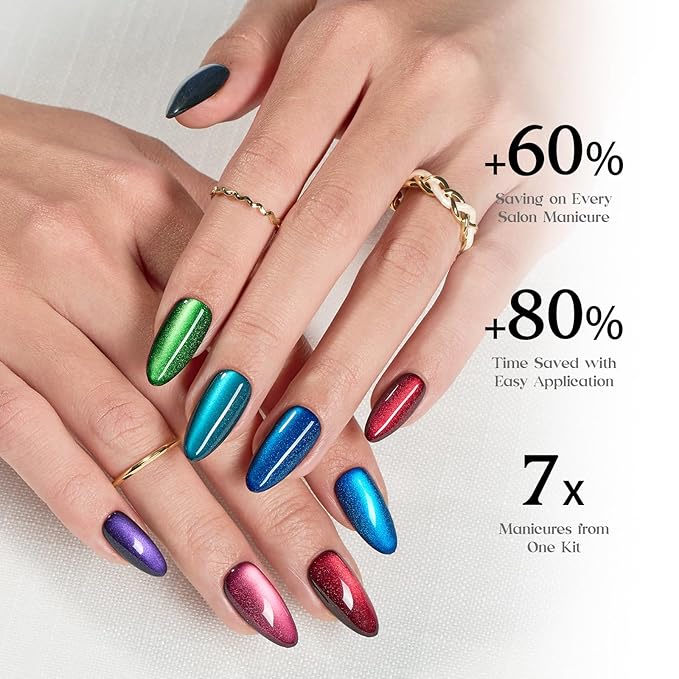 Beetles Cat Eye Press On Nails - Enchanted Aurora | 7 Colors Medium Almond Press On Nails | 16 Sizes 224 Pcs Natural Salon Quality For Red Blue Purple Nails St Patrick Day
