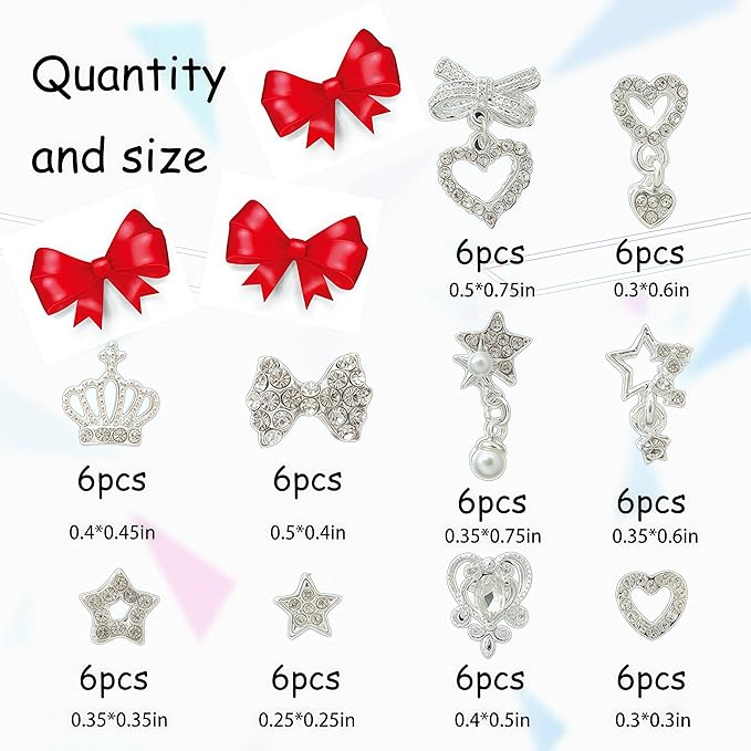 60PCS Nail Charms and Gems Sliver Rhinestones for Nails Design，3D Heart Star Crown Bow Y2k Nail Jewels Bulk Nail Art Decor Set