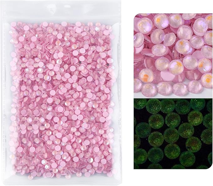 Blinginbox Flatback Rhinestones Round Gems, 1440pcs Luminous Series Glass Stones Neon Gems Non Hotfix Crystal Rhinestones for Nail Charms Crafts Clothes Tumblers,Lt. Pink AB Luminous,SS10.