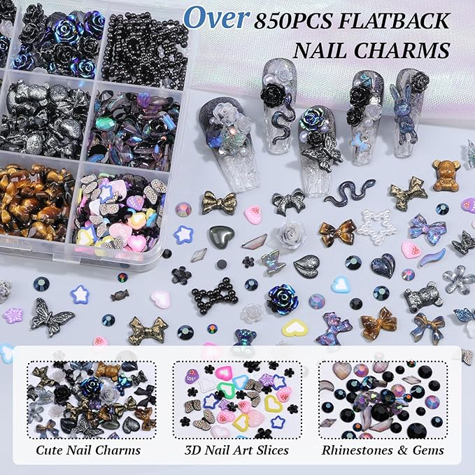 850 Pieces 3D Butterfly Rose Flower Bow Rabbit Bear Nail Charms Kit with Nail Art Rhinestones Pearls Crystal Gems Nail Slices for Manicure DIY Crafts Jewelry Accessories (Black)