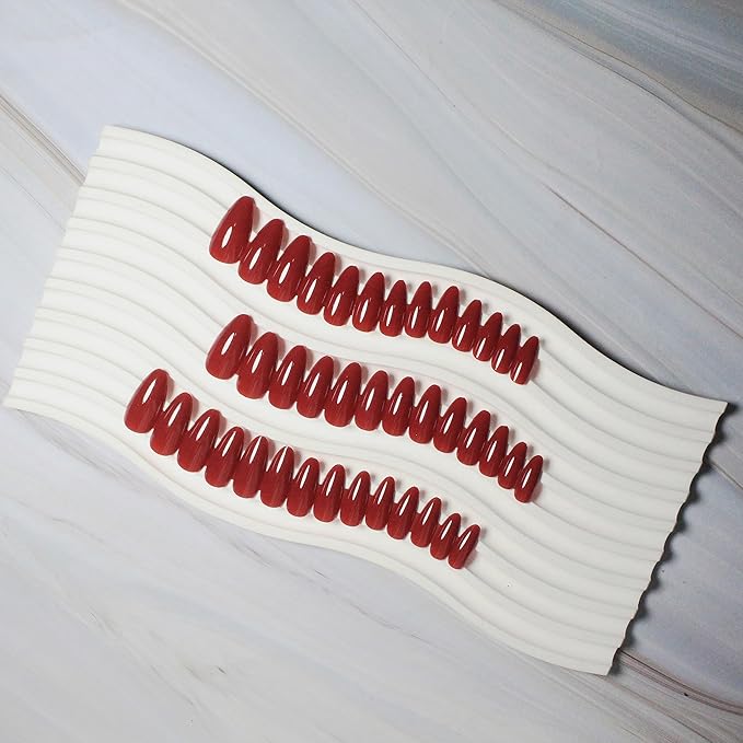Wine Red Almond Shaped 48Pcs Neutral Thick Fake Nails - Reusable Acrylic Nails, Cherry Medium Almond, Medium Length Stiletto, Gel Finish