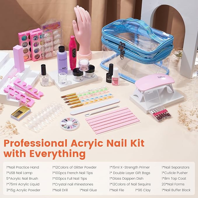 Nail Kit for Beginners with Everything: Practice Nail Hand Acrylic Set Professional Powder Liquid Starter Kits with Drill U/V Lamp in Cosmetic Gift Bag for Salon Home (Blue)