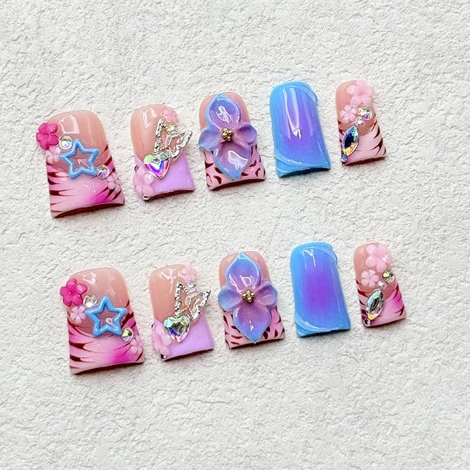 Thick Press on Nails Handmade Medium Duck Nails Pink Fake Nails 3D Flower Art False Nail with Gems Design Luxury Rhinestone Nature Reusable Acrylic Nail for Wome (Size M)