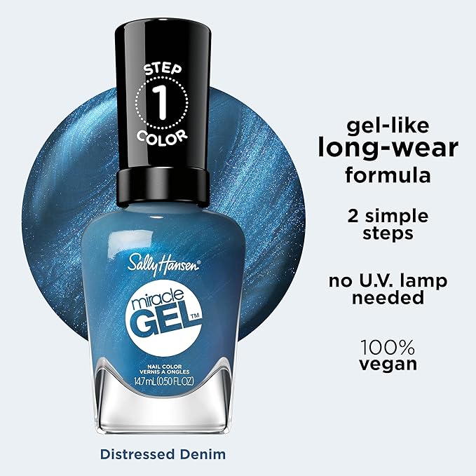 Sally Hansen Miracle Gel Wild at Heart Salon Quality Nail Polish | Gel-Like Formula, Two-Step System, No UV Light Needed, Long Lasting | Opaque, Shimmery | 644 Distressed Denim | Aqua Blue Nail Polish