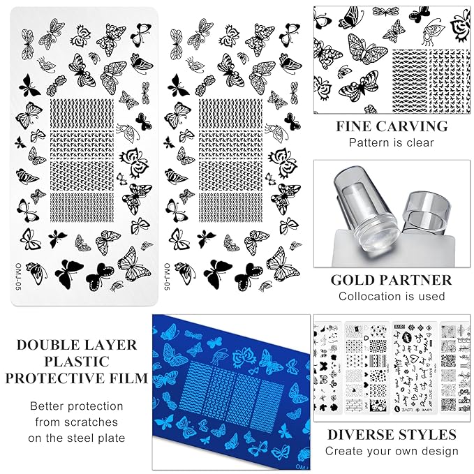 7pc Nail Stamping Plate Kit Butterfly Heart Letter Nails Stamp Plate Leaf Flower Nail Art Template Stencil Fingernail Polish Stamps Plates Set Silicone Stamper Scraper French Tips Nails Design Tools