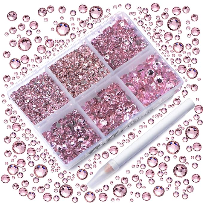 AD Beads 4300 Pieces Flat Back Nail Art Rhinestones Round Beads 6 Sizes (2-6.5mm) with Storage Organizer Box,Rhinestones Picking Pen for Nail Art Phone Decorations Crafts DIY (Pink)