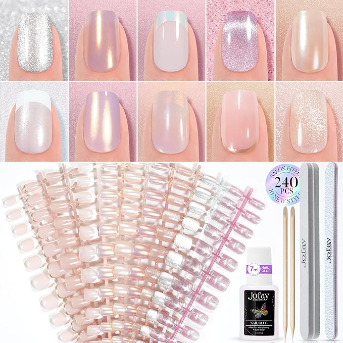 Press on Nails Short 10 Styles, Jofay Fashion 240Pcs Salon-Like Fake Nails with Cat Eye & French Tip Press on Nails Designs, Artificial Acrylic Gel Glue on Nails for Women