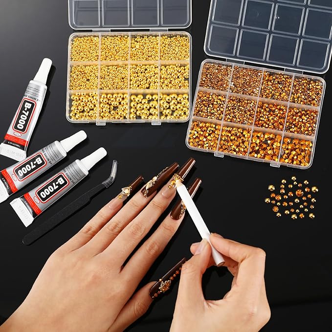 Gold Nail Charms and Gems Set, 4 Boxes DIY Nail Decorations Kit, Gold 3D Cross Flowers Nail Art Charms, Champagne Rhinestones Gems Charms Y2K for Nails, Cool Punk Style Nail Charms