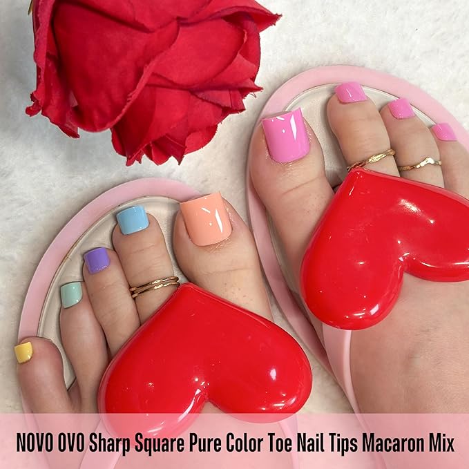 NOVO OVO PASTEL Toe Nail Tips Press on Macaron Color Colorful 6 Mix Dopamine Shade, Sharp Square Soft Gel Thick False Toenail Extension, Medium Wide Fake Toenails,Full Cover Acrylic x 15 Sizes 180 pcs