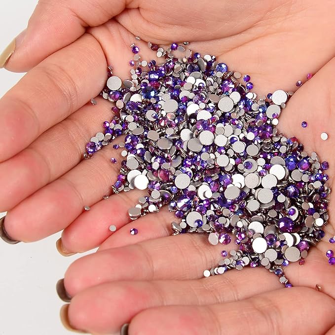 10000 Pieces Rhinestones 6 Sizes Round Crystal Glass Flat Back Rhinestones with 1Tweezers and 1Picking Pen for Nail Art Crafts Clothes Bags DIY (Purple Velvet)