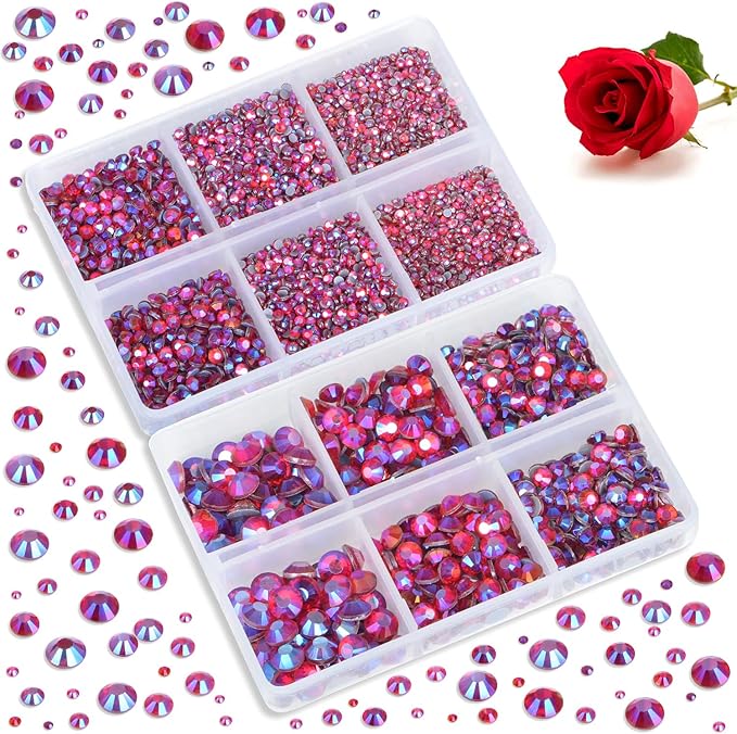 Bymitel Hotfix Crystal Rhinestones Round Gems for Crafts,Mixed 6 Sizes with Wax Pencil Kit, Siam AB 1.6-6.3mm SS4-SS30/8000pcs