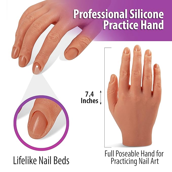 Professional Silicone Practice Hand for Acrylic Nails by Nail Nobility - Full Poseable Hand for Practicing Nail Art, Acrylic, Gel Techniques by Nail Techs Artists - Flexible, Reusable, Realistic