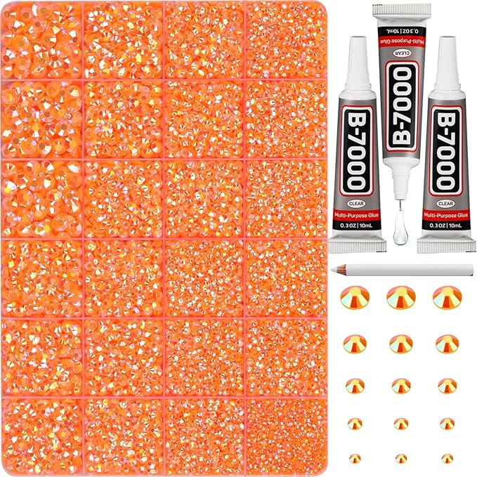 33000Pcs Orange Rhinestones for Bedazzling, Bedazzler Kit with Flatback Craft Rhinestones Orange Bulk and B7000 Glue, 2,3,4,5,6mm Resin Flat Back Crystals for Craftings, Crafts, Clothes, Shoes, Nails