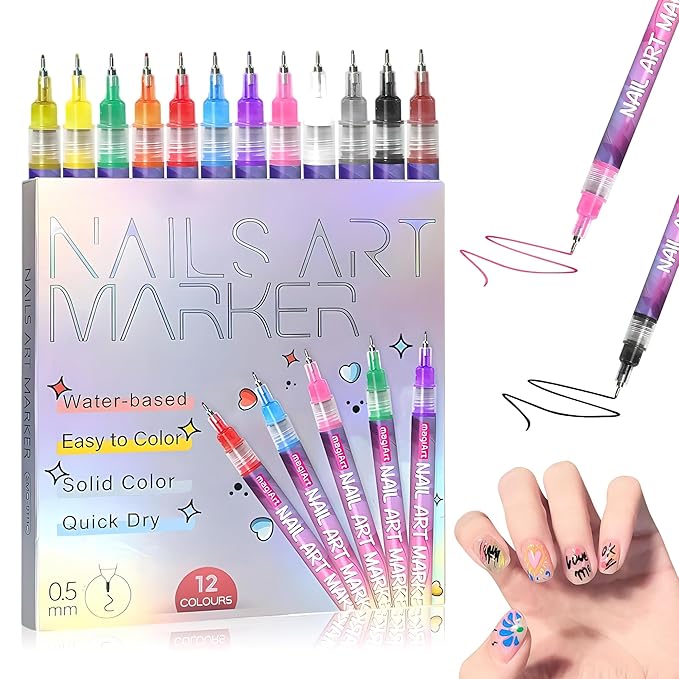 Nail Art Pens Set, 12 Colors Water-Based Nail Design Markers, 0.5mm Fine Tip for 3D Drawing, Painting, DIY Manicure Tools