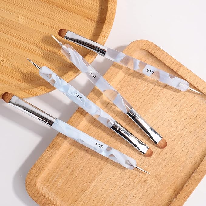 French Manicure Brush - Two Way Nail Art Brush with Dotting Manicure Tool - Professional Salon Quality, Nail Dotting Pen (16#, Blue)