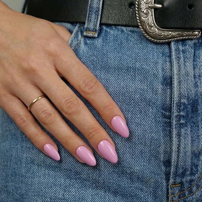 Pink Press On Nails Short 16 Sizes 32pcs Almond Fake Nails Glossy, Nail Glue Included