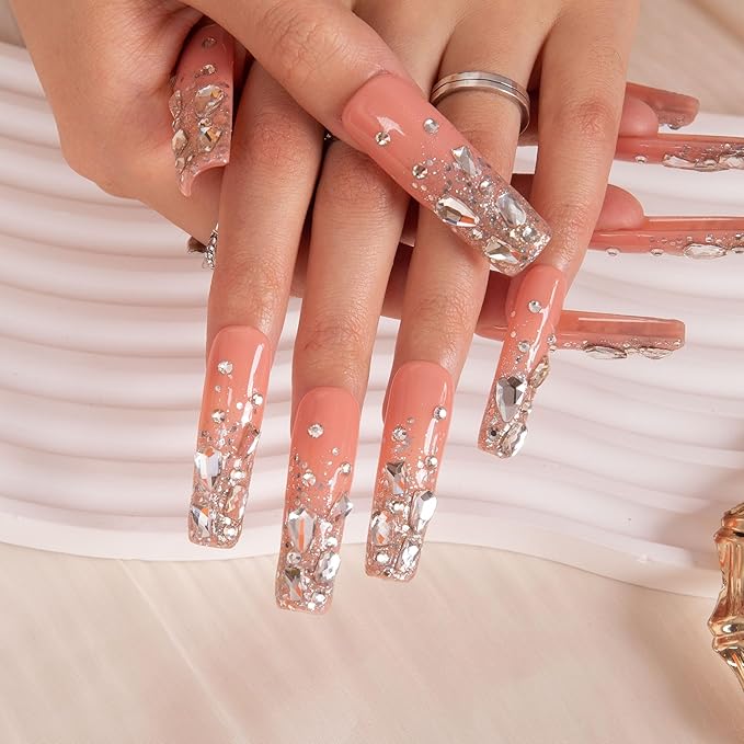 LOVFUL Press on Nails Silver Wind| Handmade with Full Covered Crystals| Reusable Fake Nails| Square Mid length 1.7in| H126-S