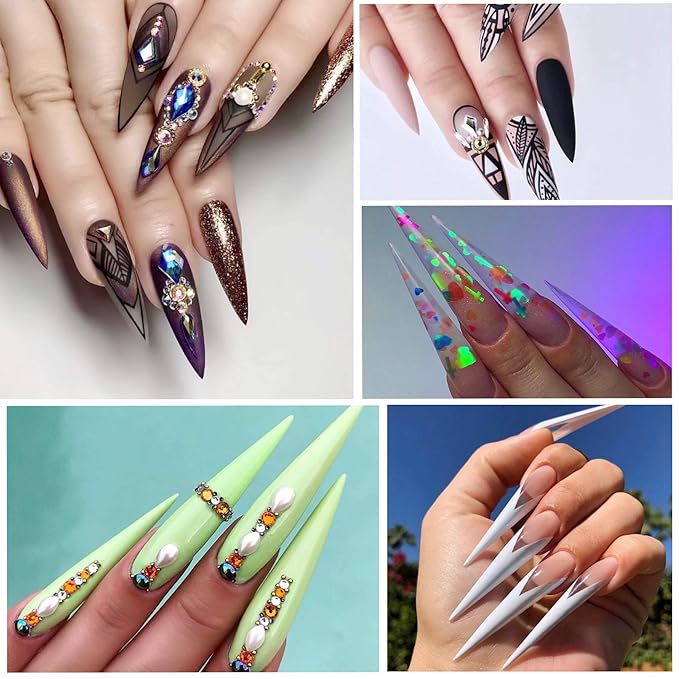 FEBSNOW 1000PCS Long Stiletto Nail Tips Acrylic Nails Artificial Half False Flake Nail Tips 10sizes with Clear Plastic Cases for Nail Salon Nail Shop Diy Nail Art Ballerina Nails (Clear+Natural)