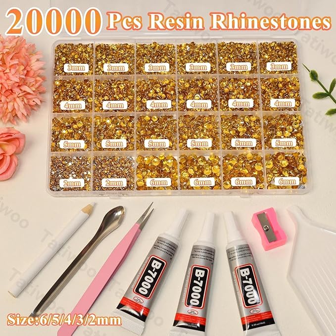 20000Pcs Yellow Gold Flatback Jelly Resin Rhinestones for Bedazzling, Mix Sizes Crystal Rhinestones Gems, Yellow Gold Gems Bedazzling for Crafting, Flatback Rhinestone for DIY Face Makeup Crafts