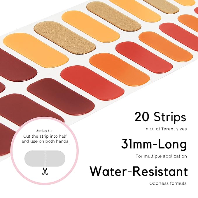 NAILOG Semi Cured Gel Nail Strips, Extra Long Nail Polish Strips (20 Peices), Long Lasting Semi Cured Nail Stickers with Soft Glossy Gel Finish, Maple Bloom