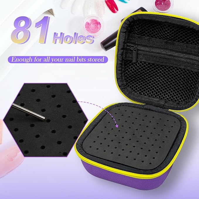 81 Holes Nail Drill Bit Holder, Nail Bits Display Container, Dustproof Portable Organizer Storage Bag, Efile Nail Bits Professional Manicure Tools, for Manicure Tools (ONLY CASE) (Purple+Yellow)