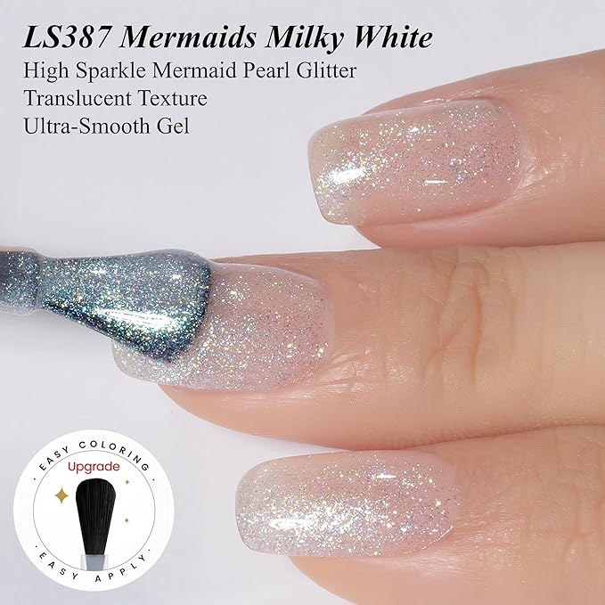 YTD Likomey Pearlescent Glitter Gel Nail Polish,Mermaid Glitter 15ml Nude White Jelly Sheer Translucent Neutral Iridescent Colorful Shimmer Salon Home DIY Nails Art Manicure UV Nail Varnish,LS387