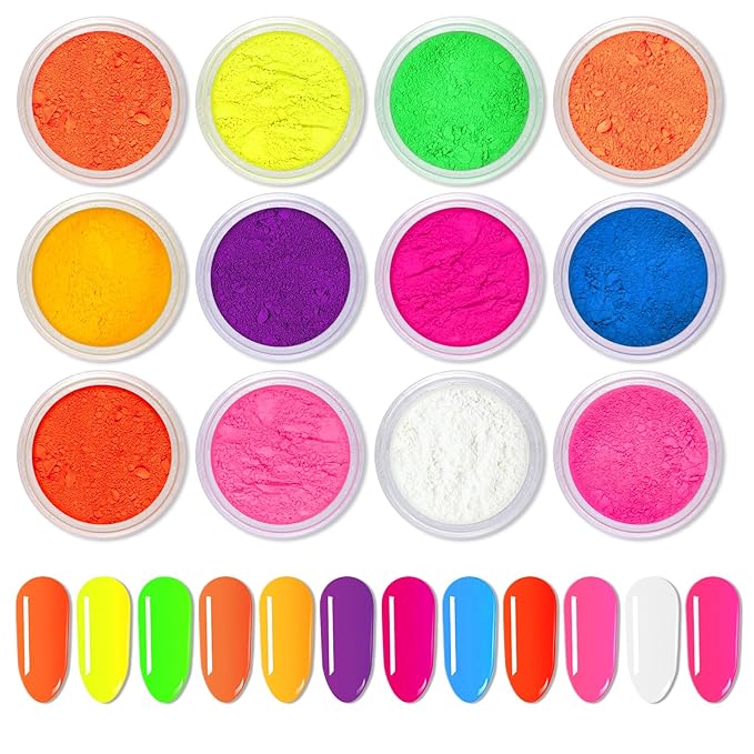Ownest 12 Boxes Pigment Nail Powder, Colorful Fluorescent color Nail Pigments Dust Nail Glitter Gradient Iridescent Nail Art Decoration, Neon Nail Powder, High Pigment for Eyes Body Paint