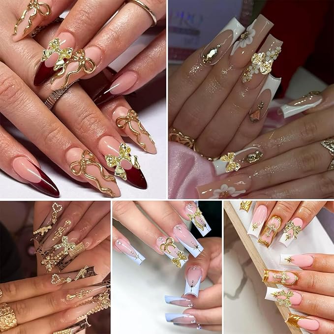 Gold Nail Charms and Gems Set, 4 Boxes DIY Nail Decorations Kit, Gold 3D Cross Flowers Nail Art Charms, Champagne Rhinestones Gems Charms Y2K for Nails, Cool Punk Style Nail Charms