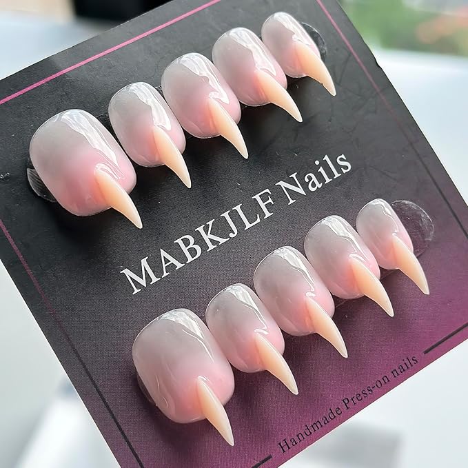Halloween Press on Nails Luxury Short Stiletto Handmade Cat Claw Unique Reusable ABS Material Pink Fake Nails Eagle Claw False Nails Gradient Glossy Glue on Nail Curved Thick Acrylic Nail(S)