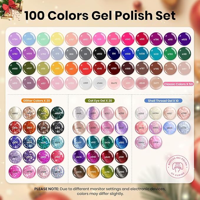 Beetles Gel Nail Polish Gift Set– Valentines Kaleidoscope 100 Vibrant Colors with Base & Top Coats Glitter Matte Glossy Finishes Cat Eye Pearl Nail Polish Nail Art Gift for Women Salon Home DIY Use