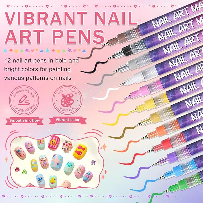 12 Colors Nail Art Pens Set, Nail Polish Pens for Nail Art Quick Drying 3D Acrylic Paint Markers for Painting Dotting Liner Pen Nail Salon DIY Design Kit 0.5mm
