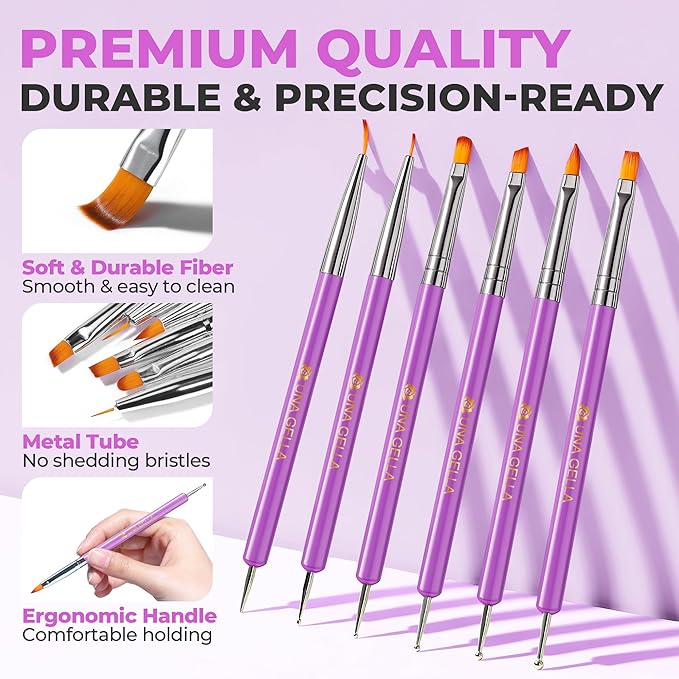 UNA GELLA Nail Art Pens 6PCS Purple Color Double-ended Acrylic Nail Brush Set Nail Dotting Tools Nail Art Design Christmas Brushes for Gel Polish, Liner, Drawing, Dotting and Detailing French Tip Tool