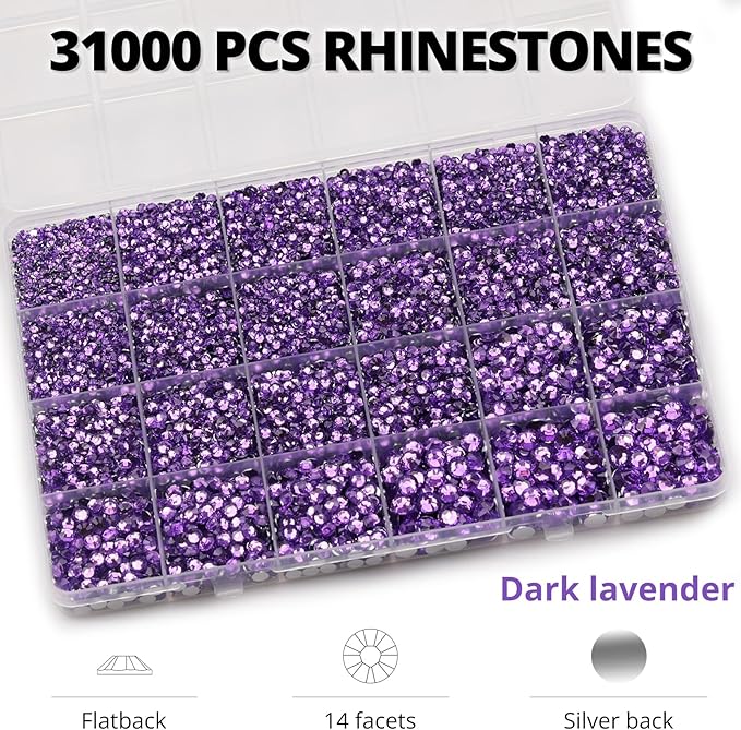 33000Pcs Dark Lavender Rhinestones for Bedazzling, Bedazzler Kit with Flatback Craft Rhinestones Bulk and B7000 Glue, 2,3,4,5,6mm Resin Flat Back Crystals for Craftings, Crafts, Clothes, Shoes, Nails