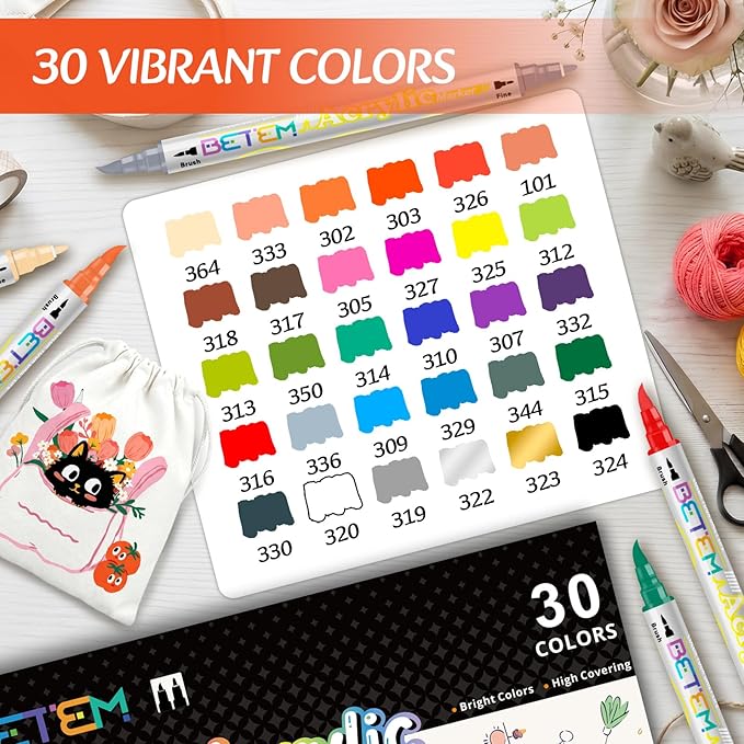 Betem Nail Art Pens Set, 30 Colors Dual-Tip Nail Art Markers, 3D Quick-Drying Nail Polish Pens, Acrylic Paint Markers for DIY Nail Design, Nail Liner Brush & Dotting Tool for Home & Salon DIY