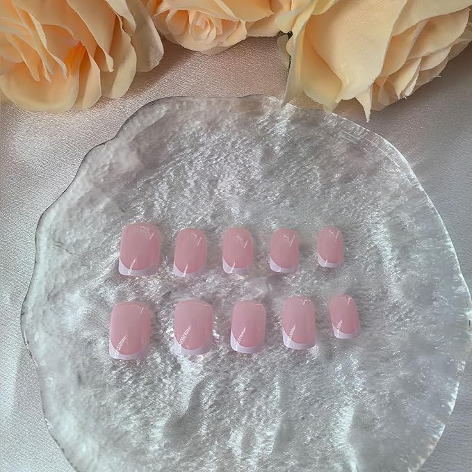 White French Tip Press on Nails Short Square Fake Nails Pink Stick on Nails Full Cover Reusable Glossy Acrylic False Nails Artificial Glue on Nails for Women Manicure 24 Pcs