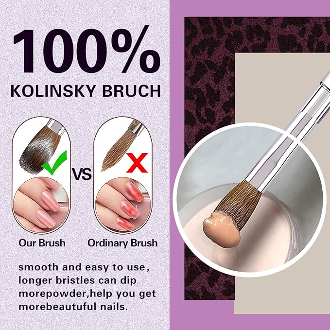 Acrylic Nail Brush Size 6, 100% Kolinsky 3D Art Nail Brush with Purple Leopard Print Metal Handles, Art Design Powder Nail Brush Pen for Nails Extension & Carving, Acrylic Application Tools