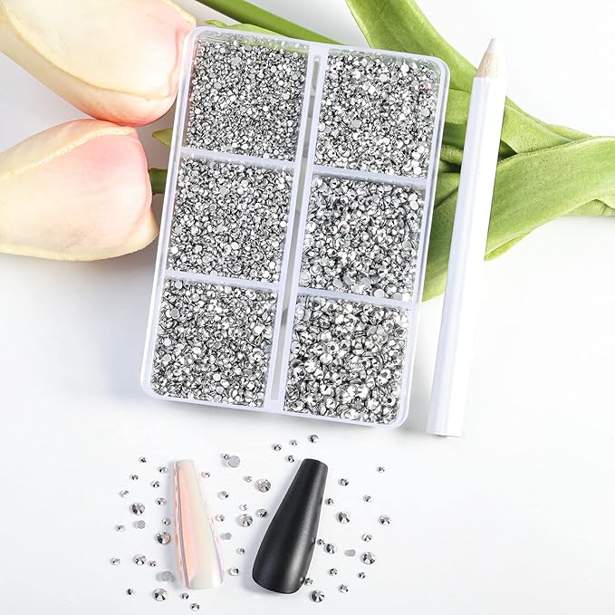 Beadsland 7200pcs Flatback Rhinestones,Silver Rhinestone Nail Gems Round Crystal Rhinestones for Crafts,Mixed 6 Sizes with Wax Pencil Kit, SS3-SS10,Silver Hematite