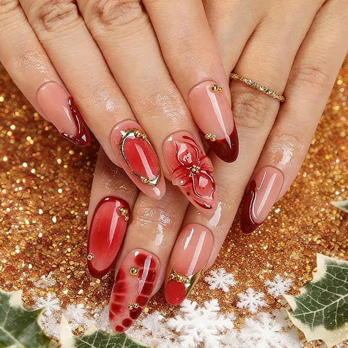 Almond Wine Red Acrylic Handmade Press-On Nails 10pcs Set, 3D Floral Tips with Gold Accents, French & Leopard Design for Winter Holidays and Valentine’s Day – Appife