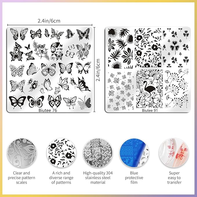 Biutee Nail Stamping Kit 15Pcs Nail Art Stamping Plate Set 8 Colors Nail Stamping Gel Polish, Nail Stamper and Scraper with Storage Bag, Nail Stamper Kit Flower Leaves Star Template Design