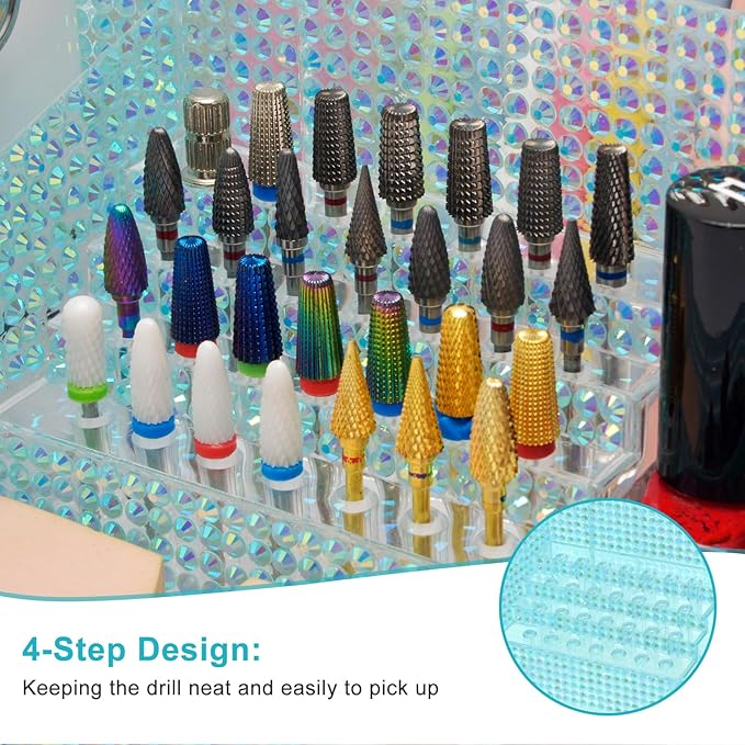 ANRUI Nail Drill Bit Holder, 28 Holes Plastic Nail Drill Machine & Bits Storage Case, Professional Nail Desk Organizer for Manicure Tools Gift for Women and Girls- Diamond Blue